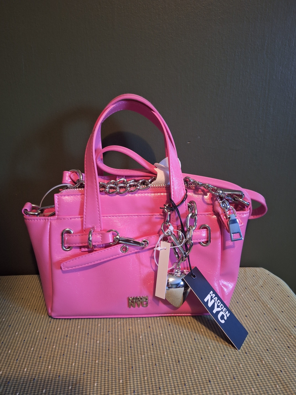 Madden NYC Pink Satchel with Chain Heart Charm